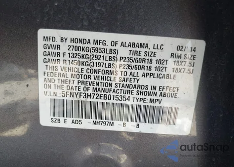 2014 Honda Pilot Ex-L из США, поврежденный, VIN 5FNYF3H72EB015354